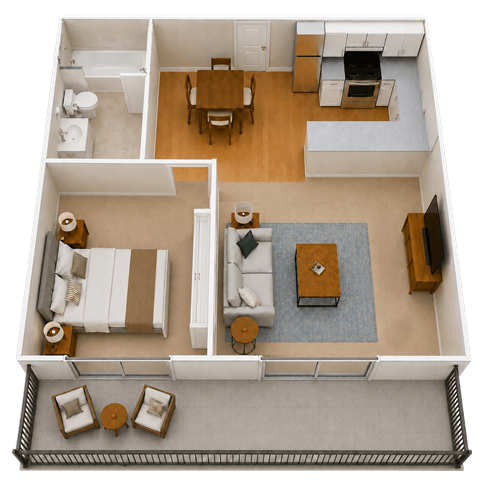 Floor plan for 1 bed, 1 bath, 740 sqft